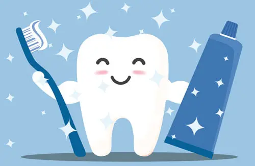 Memorial Pediatric Dentistry cartoon tooth holding toothbrush and toothpaste