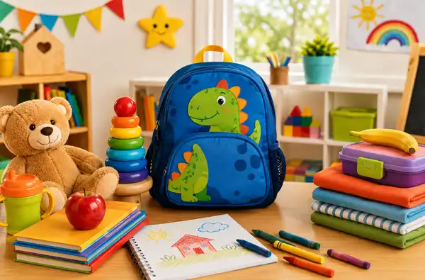 10 Ways to Prepare Your Toddler for Preschool main blog image showing a school room setting with backpack, books, and school supplies on a desk.