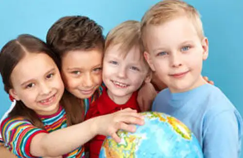 Language Kids World-group of kids around a globe