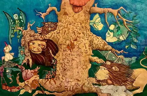 Pearl-Fincher-Museum-of-Fine-Arts-elephants-and-pigs; Free Admission; Summer Exhibition; Free kids family fun;;“Tree of Life” by Beth Brubaker, 40” x 55”, Glicee print on canvas of original, reworked in acrylic paint, 2008.