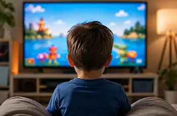 What Are Normal Attention Spans for Children? blog article main image; child sitting in front of TV screen.