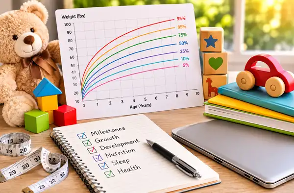 From Growth Charts to Milestones: Understanding Your Child’s Development; main blog image showing tracking your childs development chart, play blocks on a desk. Tracking Your Child's Development