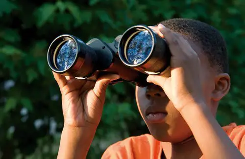 Spark Access STEM camp; boy with binoculars, STEM Camp
