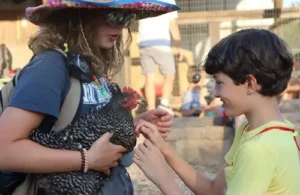 Camper petting chicken at Charis Hills camp with counselor; religious and special needs camps