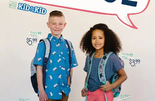 family retail and kid resale shops; children's clothing; Kid to Kid sale promotion for Back to School with two kids and prices all around