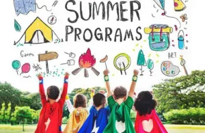 five superhero kids sitting on ground and illustrations above for Riverstone Montessori