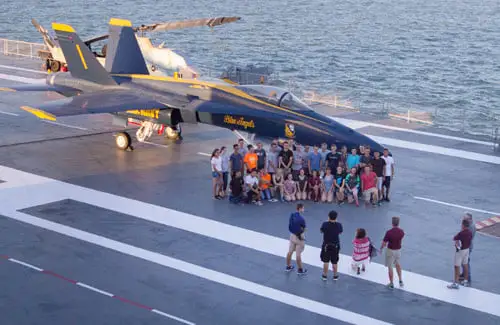 Group gathering in front of jet on the flight deck of the USS Lexington