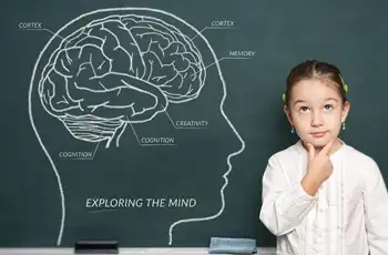 What You Need To Know About Child Brain Development main image showing a child leaning up against chalkboard with an illustration of brain development.