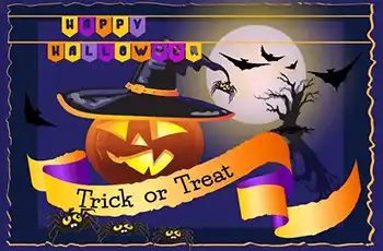 Main image for Halloween and Fall Festivities 2024 blog article with pumpkin wearing a witch hat, full moon and bats in the background.