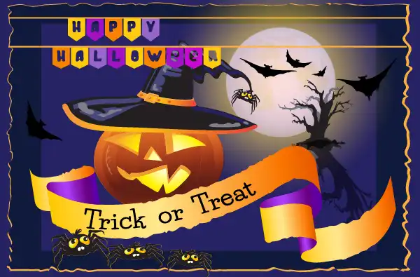 Main image for Halloween and Fall Festivities 2024 blog article with pumpkin wearing a witch hat, full moon and bats in the background.