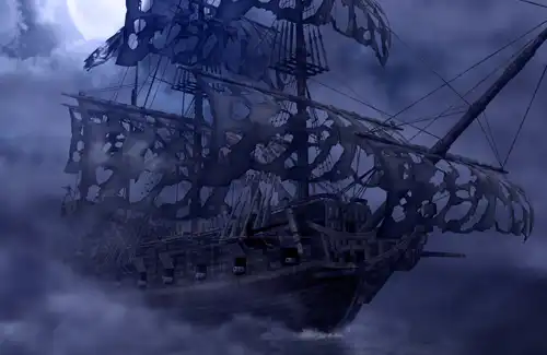 Scary ghost ship on the ocean.