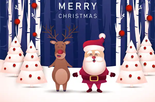 Holiday Activities and Events 2024 blog article image; santa and reindeer standing on snow background