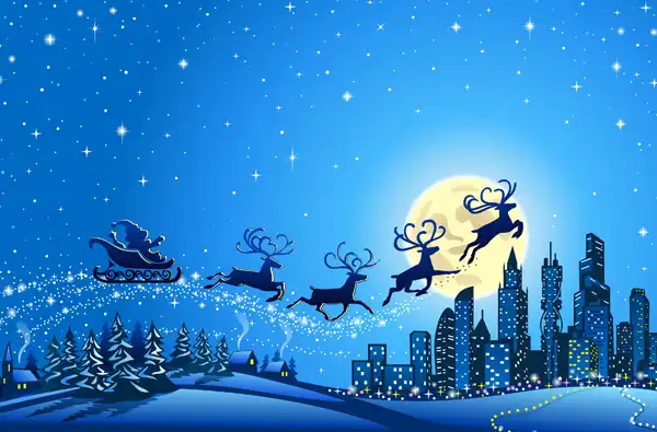 Holiday Activities and Events 2024 blog article image; santa sleigh flying through the air.