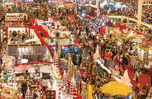 Aerial shot of inside NRG Center at the Houston Nutcracker Market.