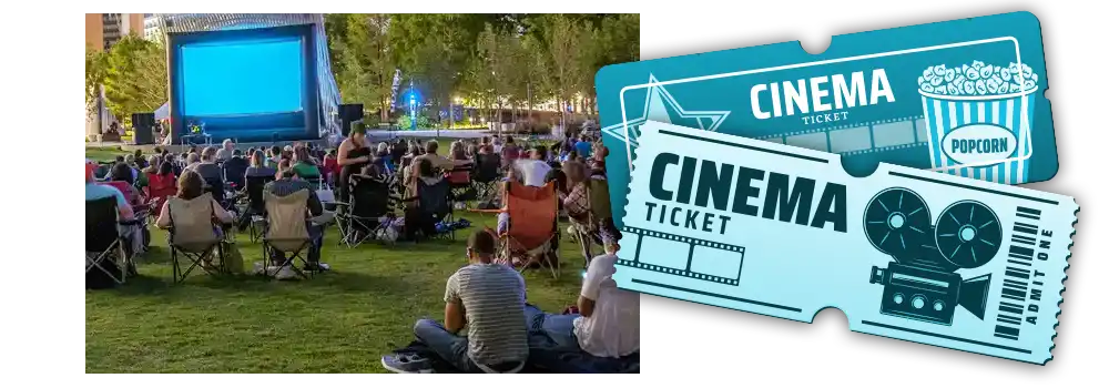 Free Family-Friendly Outdoor Movies 2025 blog image with display tickets.