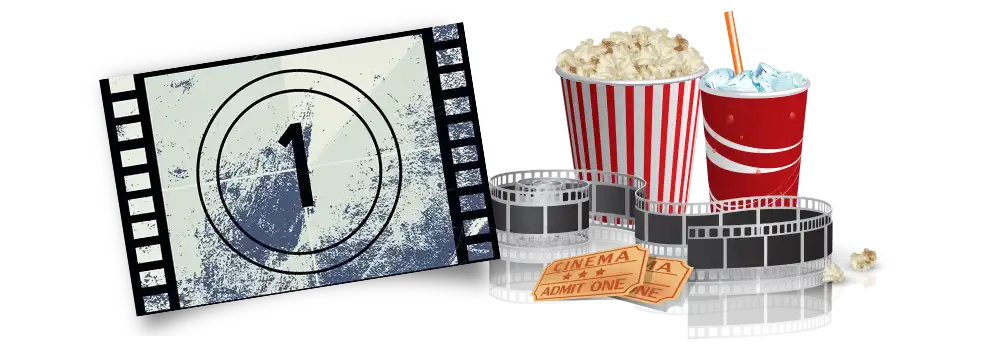 Outdoor movie watching in Houston and surrounding areas; popcorn, tickets, film strips on background.