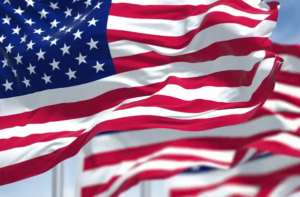 Texas Blue Star Museums 2025 blog article opening image of several American flags waving in the wind.