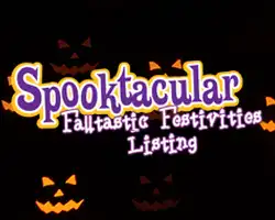 Spooktacular Falltastic Festivities homepage button with spooky jack-o-lanterns in background.