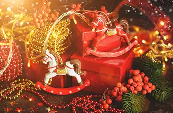 Free Christmas Holiday Events and Activities 2025 blog article preview image with presents and decorations on a reddish background; holiday and winter activities and events.