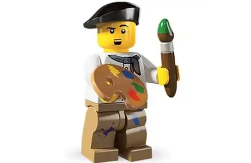 Sugar Land Art Center and Gallery LEGO figure on white background with paint brush and paint pallette.