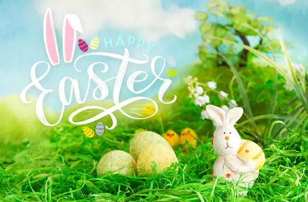 Best Easter Activities and Events 2026 main image showing a bunny figurine taking an egg with grass and blue sky background.