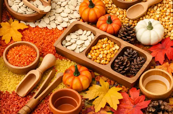 Fall Sensory Bins and Activities for Preschoolers main image showing leaves, small pumpkins, seeds, and other sensory material.