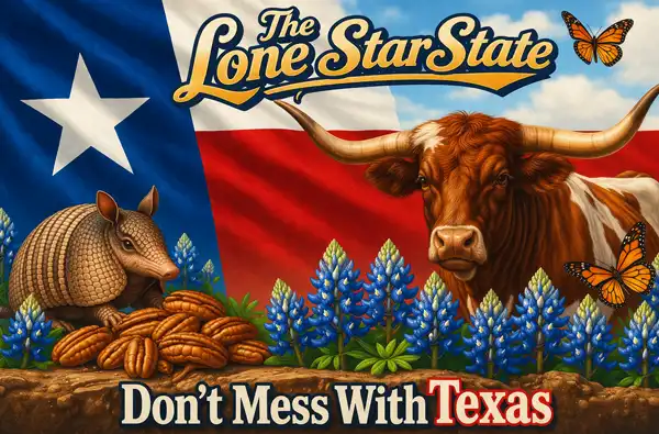 Texas State Symbols Kids Should Know blog article image showing Texas state flag, a longhorn, an armadillo, pecans, and text saying The Lone Star State.