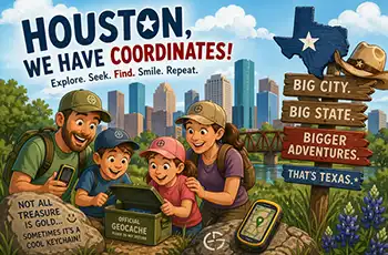 Geocaching: The Ultimate Family Treasure Hunt You Didn’t Know You Needed blog article main image showing a family geocaching together, using navigation, and finding a cache in Houston.