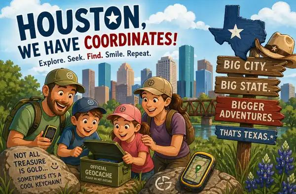 Geocaching: The Ultimate Family Treasure Hunt You Didn’t Know You Needed blog article main image showing a family geocaching together, using navigation, and finding a cache in Houston.