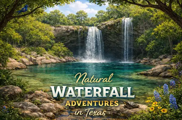 Natural Waterfall Adventures in Texas blog article main image showing an oasis of greenery and a waterfall.