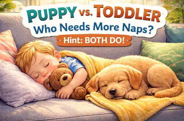 Puppy vs. Toddler: Who Needs More Naps? blog article main image showing a toddler and a puppy sleeping on the couch together.