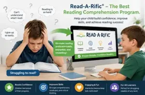 Read-A-Rific reading comprehension program; struggling child on left side of image and confident learner on the right using the Read-A-Rific program.