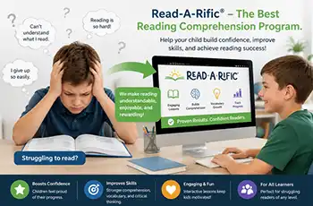 Read-A-Rific reading comprehension program; struggling child on left side of image and confident learner on the right using the Read-A-Rific program.