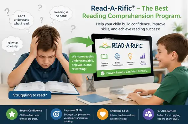 Read-A-Rific reading comprehension program; struggling child on left side of image and confident learner on the right using the Read-A-Rific program. Why Visualization Skills Matter for Reading