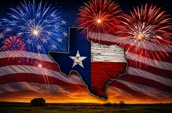 Free 4th of July 250th Anniversary Events in Houston & Surrounding Areas blog article main image showing fireworks exploding in the sky with American flag overlaying the background and symbol of Texas state in the center.