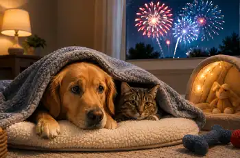 Pets and 4th of July Fireworks blog article main image showing a dog and a cat under the blanket together afraid of the fireworks that are displayed out through the window.