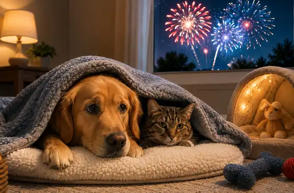 Pets and 4th of July Fireworks blog article main image showing a dog and a cat under the blanket together afraid of the fireworks that are displayed out through the window.