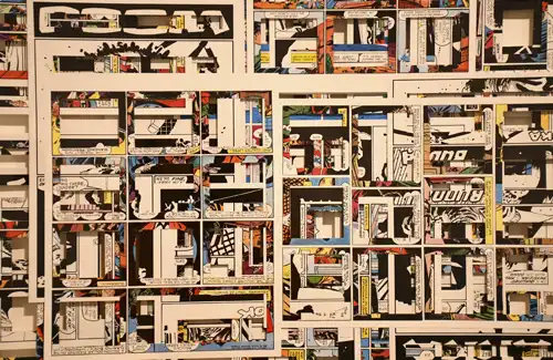 Mural of comic book clippings art project at Pearl Fincher Museum of Fine Arts.