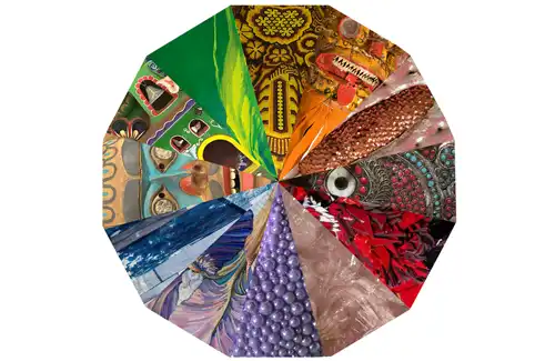 Symbol of color wheel with different imagery making up the colors for Chromatica at Pearl Fincher Museum of Fine Arts.