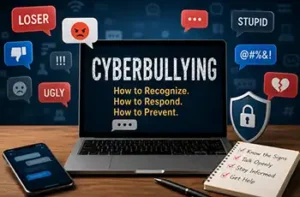 Cyberbullying: What Parents Need to Know main blog image showing a computer with the word Cyberbullying and talk bubbles with bullying behavior demonstrating bullying comments online.