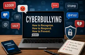 Cyberbullying: What Parents Need to Know main blog image showing a computer with the word Cyberbullying and talk bubbles with bullying behavior demonstrating bullying comments online.