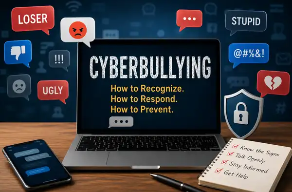 Cyberbullying: What Parents Need to Know main blog image showing a computer with the word Cyberbullying and talk bubbles with bullying behavior demonstrating bullying comments online.