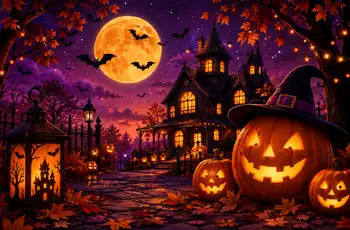 Main image for the Free Halloween Fall Activities and Events in The Houston Area blog article showing an animated image of a spooky house with big jack-o-lanterns out front and the moon above.