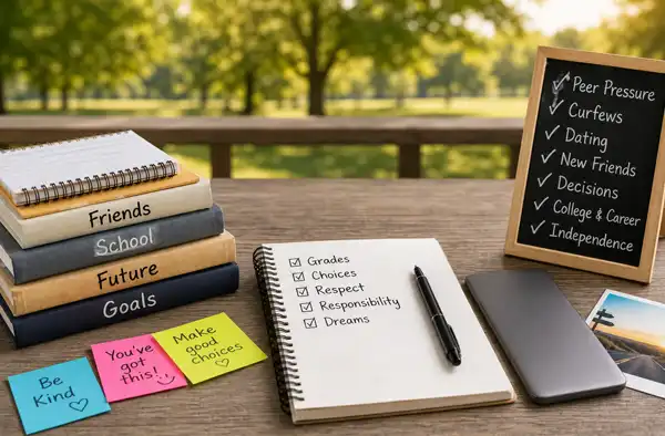 Parenting a High Schooler: A Parent’s Guide to Friends, Dating, Curfews & Life After High School main blog images showing school supplies and post it notes on a desk.