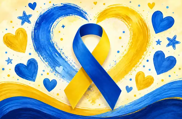 Understanding Down Syndrome: A Parent's Guide to Diagnosis, Development, Resources, and Lifelong Support blog article main image; showing gold and blue ribbon with painted hearts and stars surrounding it.