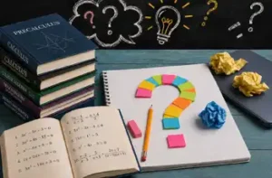 When Your Child's Homework Is Too Hard for You main blog article image; stack of books with notebook out and a question mark out of notes.