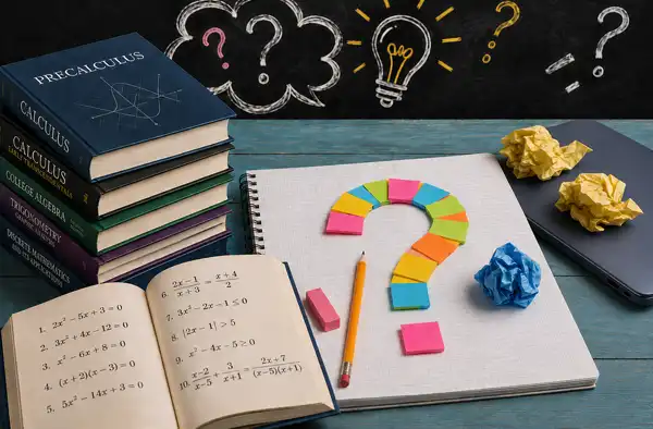 When Your Child's Homework Is Too Hard for You main blog article image; stack of books with notebook out and a question mark out of notes.
