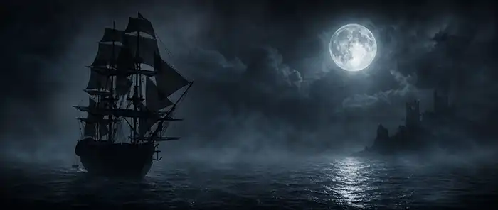 Ghost ship sailing in the distance under a full moon.