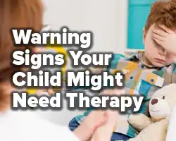 Warning Signs Your Child Might Need Therapy homepage blog button showing a child sitting and talking with a therapist.