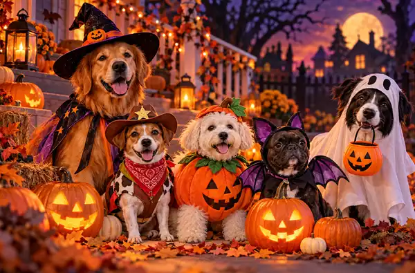 Dogs & Halloween 2026: Costumes, Safety Tips, Spooky History & Houston Dog-Friendly Events blog image showing a variety of dogs wearing different Halloween costumes sitting next to each other in front of a Halloween themed decorated house. Dogs and halloween 2026